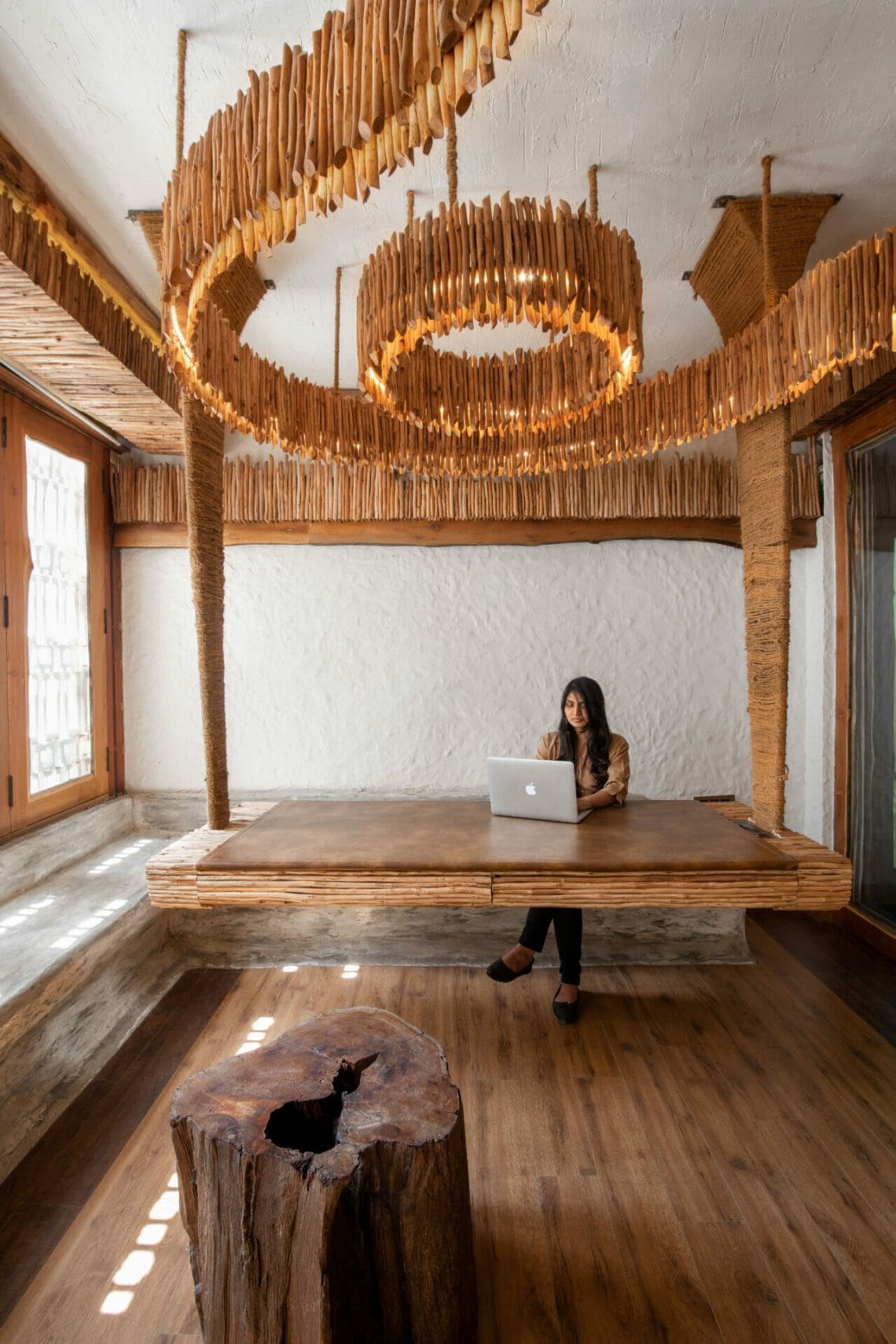 The recent office design by Earthitects takes us back to the forest hues and traditional village home giving us a major workspace goal. Infused in natural palette through every single element, the design blurs the difference